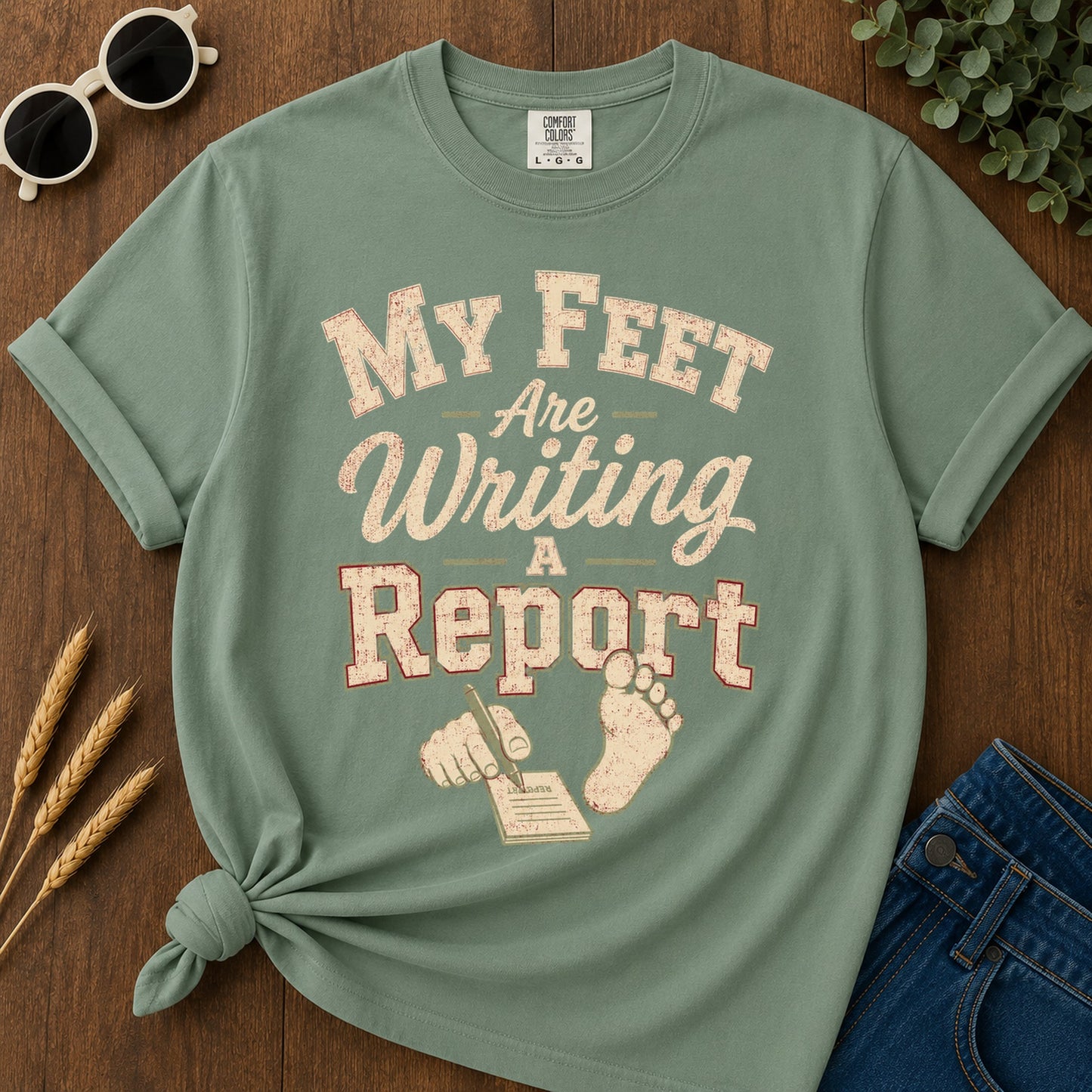 Feet Writing Report T-Shirt - Light Green Mockup