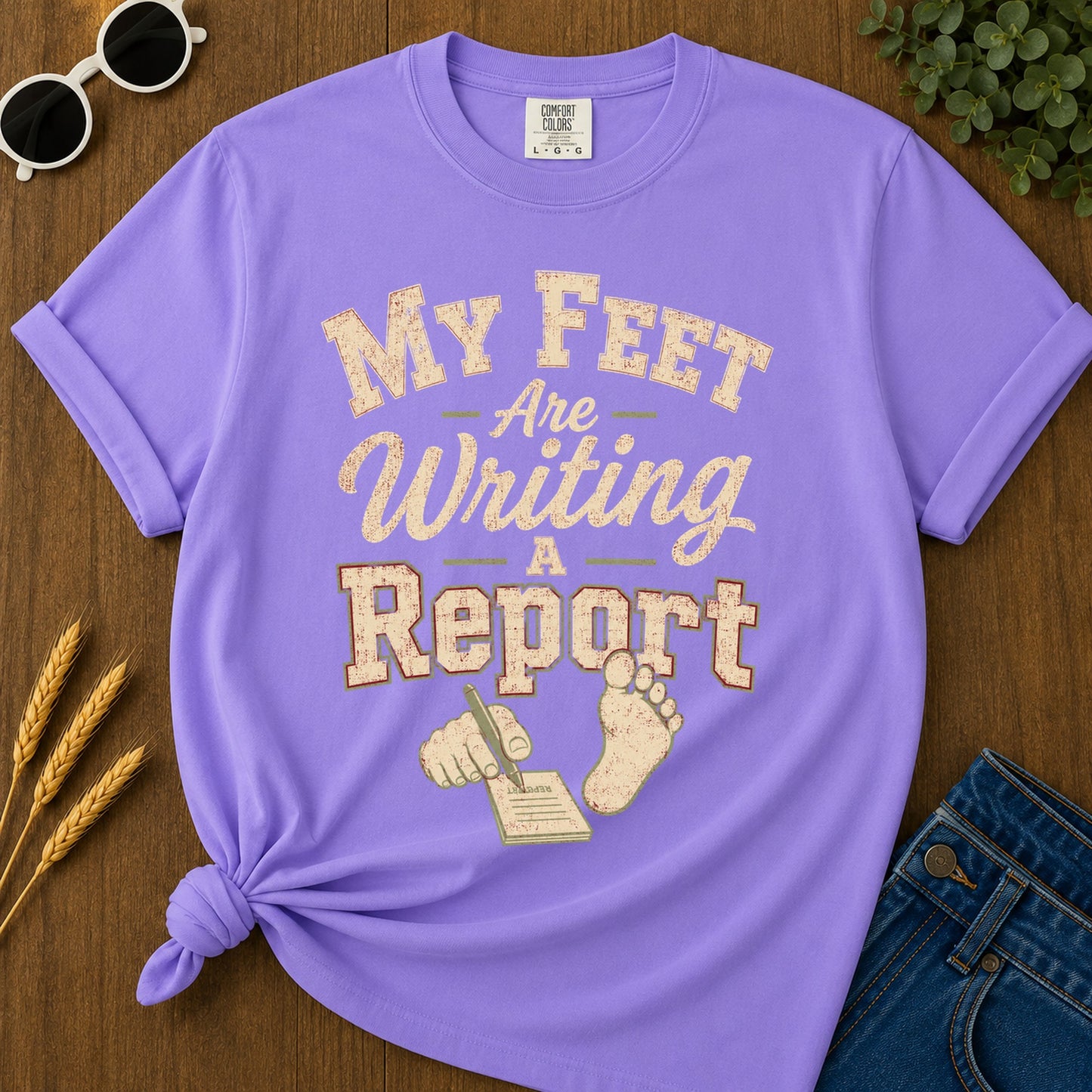 Feet Writing Report T-Shirt - Violet Mockup