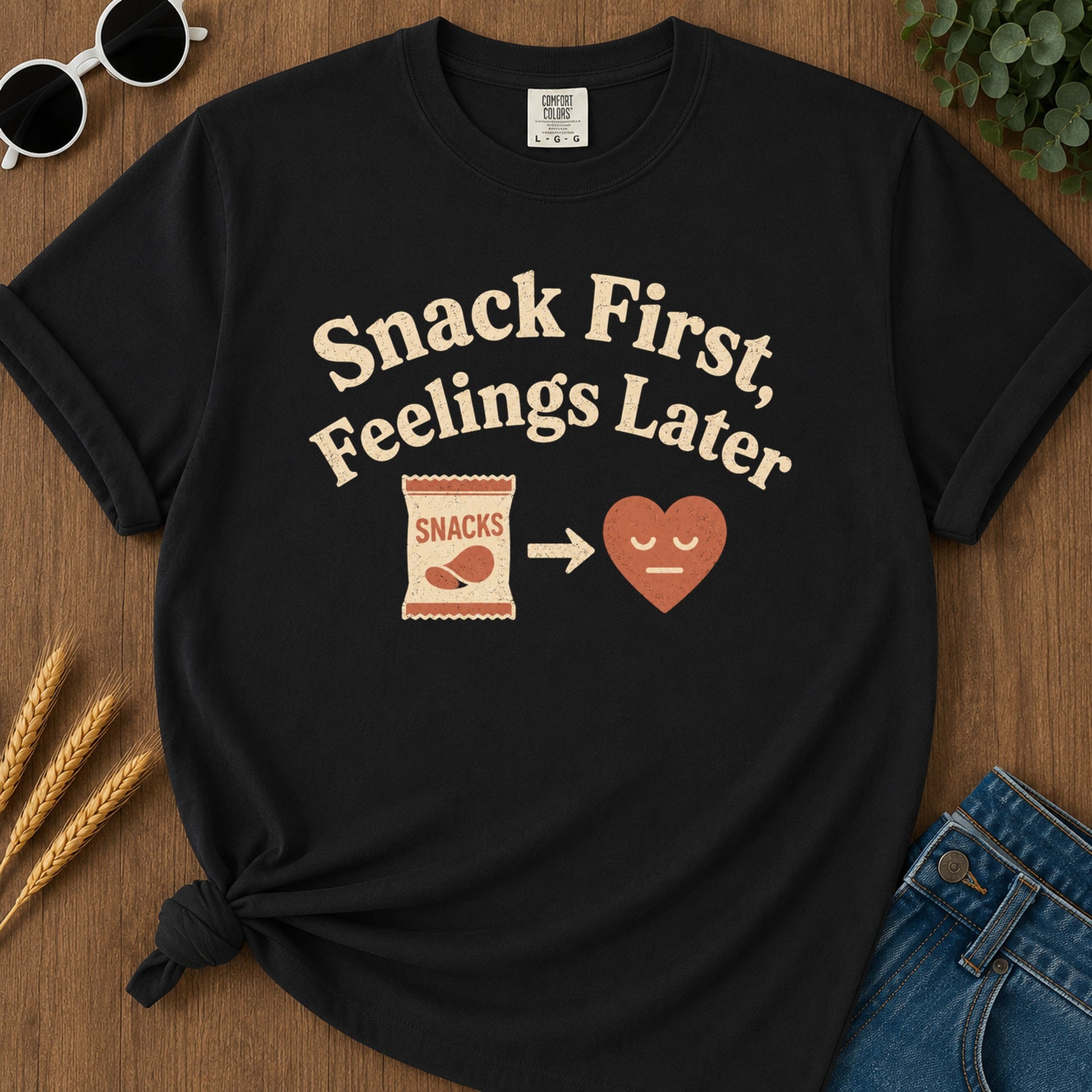 Snacks First Feelings Later T-Shirt - Black Mockup