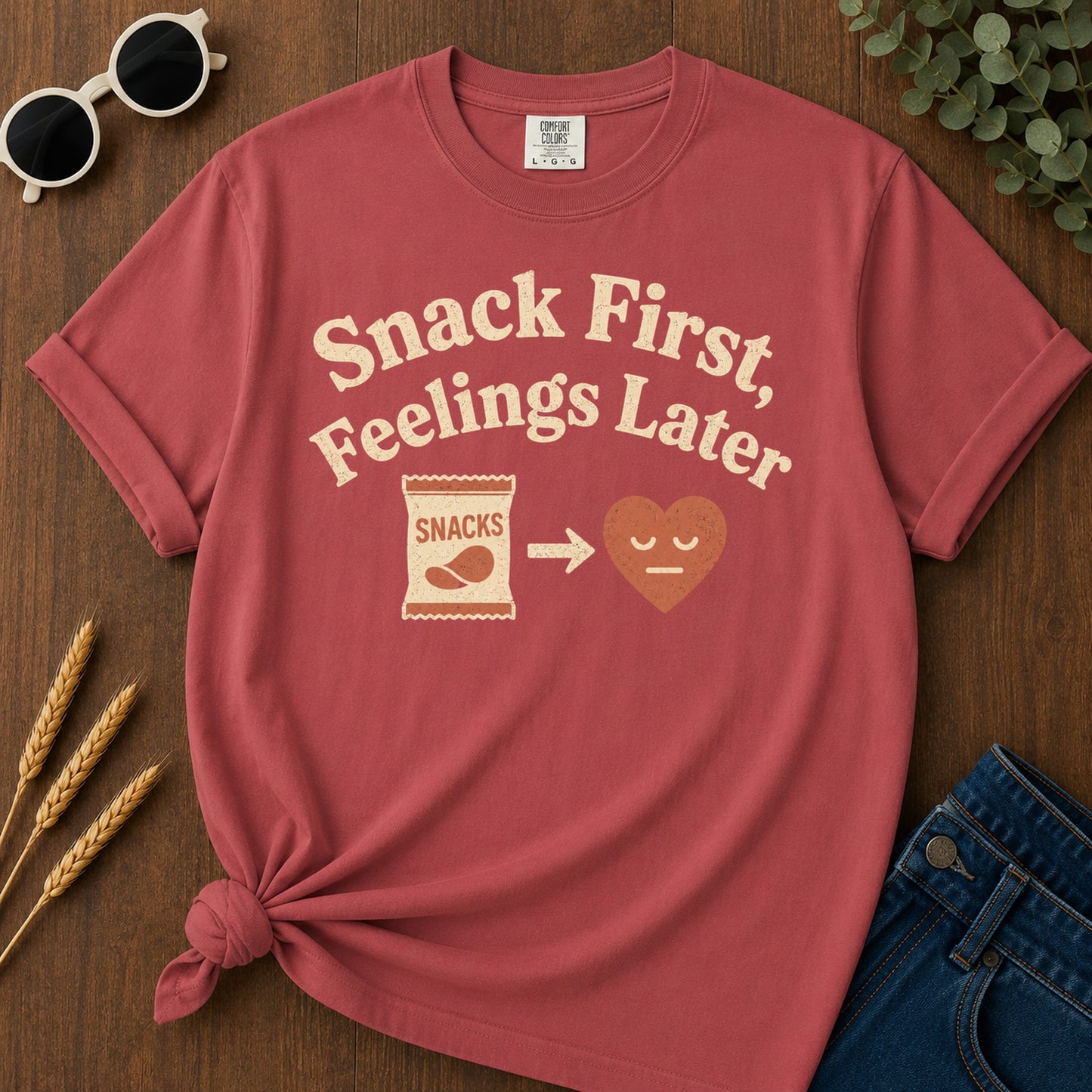 Snacks First Feelings Later T-Shirt - Crimson Mockup