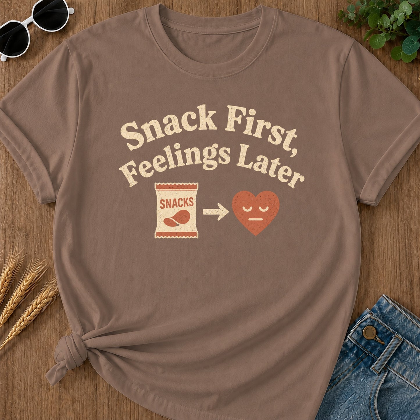 Snacks First Feelings Later T-Shirt - Espresso Mockup