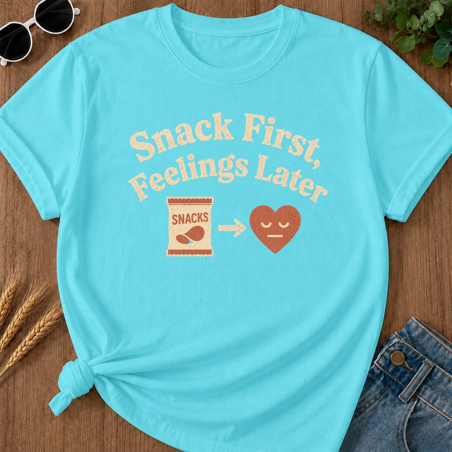 Snacks First Feelings Later T-Shirt - Lagoon Blue Mockup