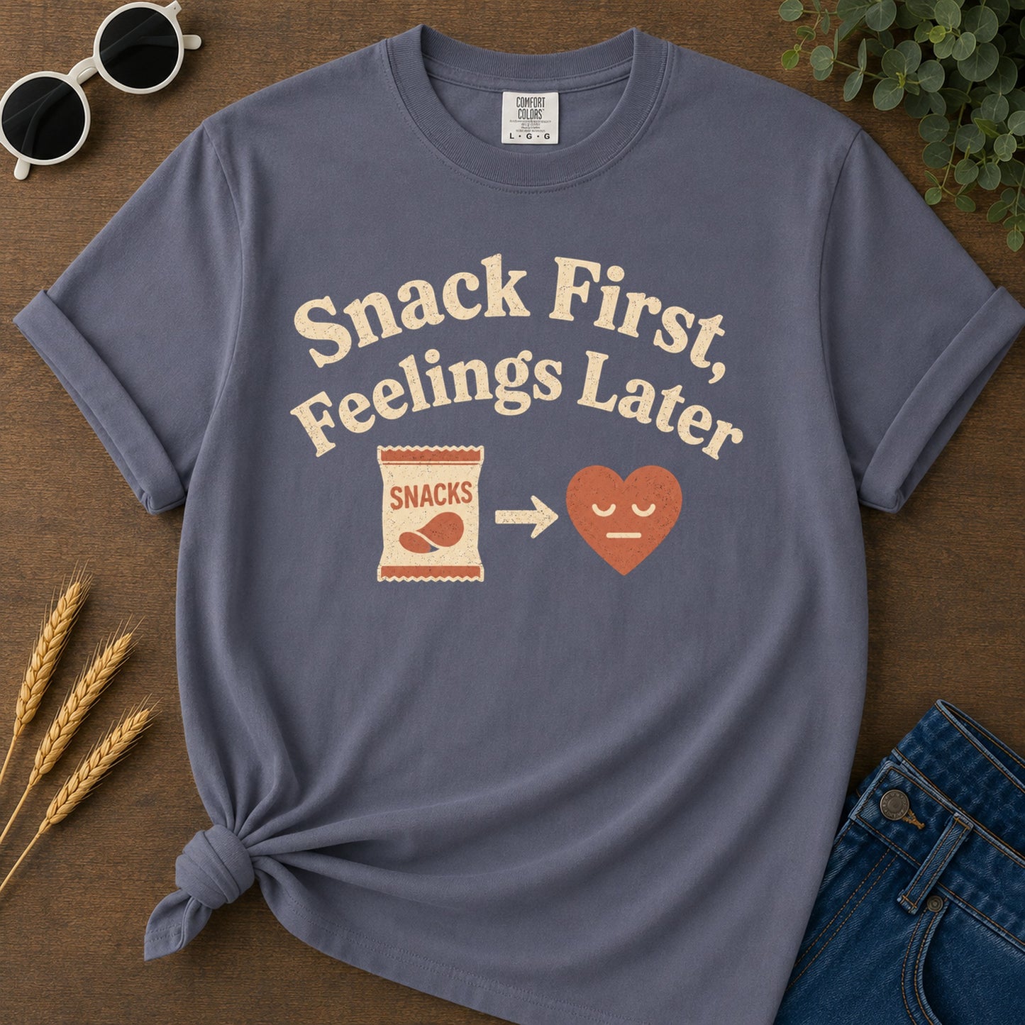 Snacks First Feelings Later T-Shirt - Navy Mockup