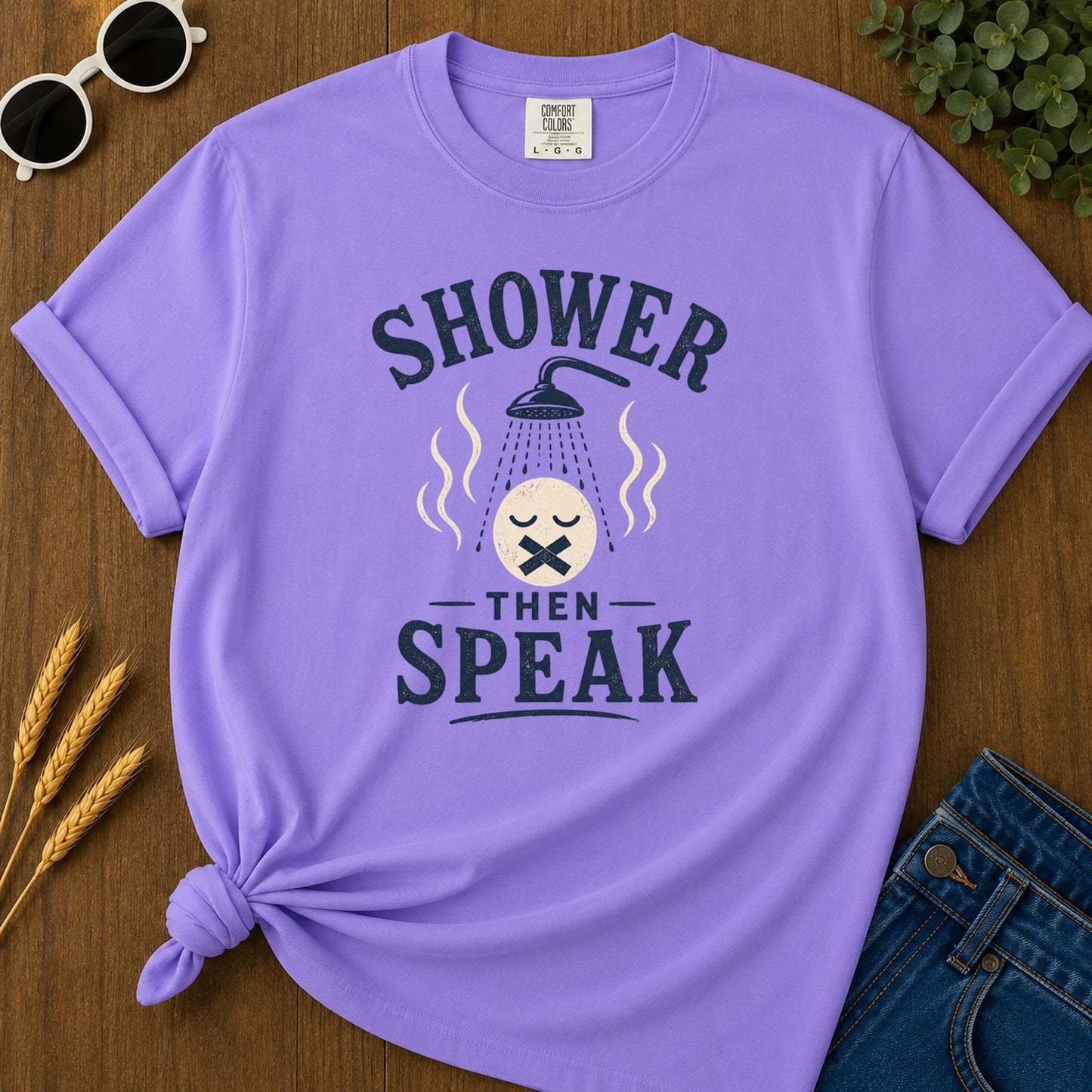 Shower Then Speak T-Shirt - Violet Mockup