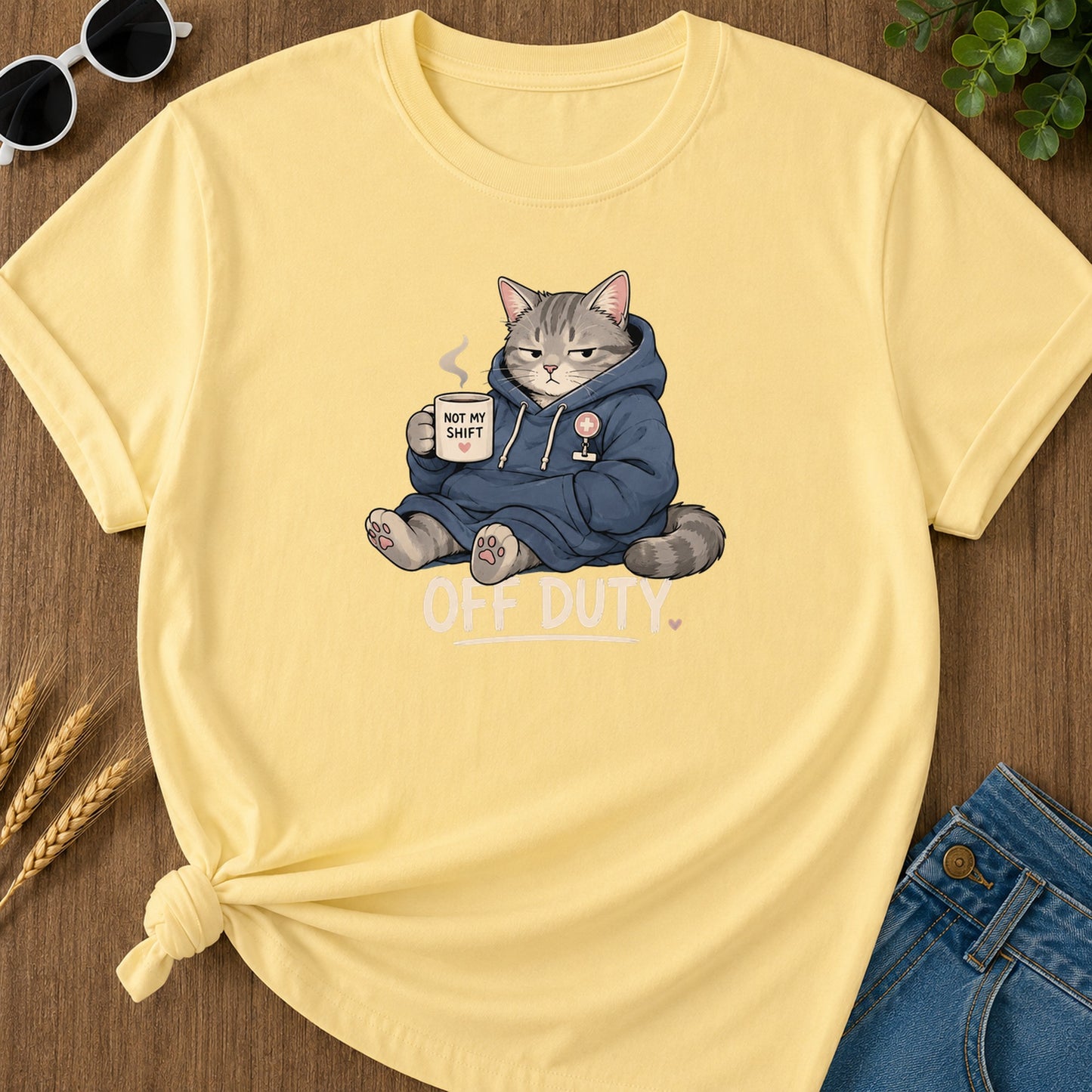 Off Duty Cat T-Shirt - Butter Mockup