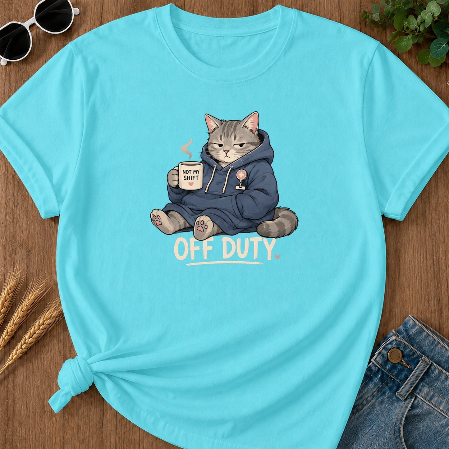 Off Duty Cat T-Shirt - Lagoon Blue Mockup