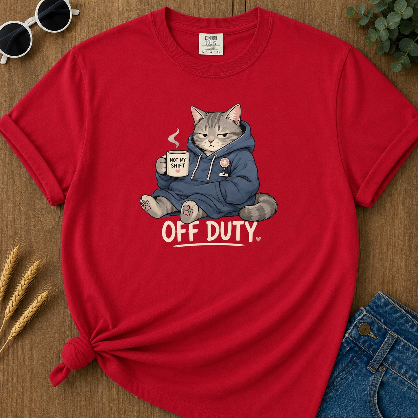 Off Duty Cat T-Shirt - Red Mockup