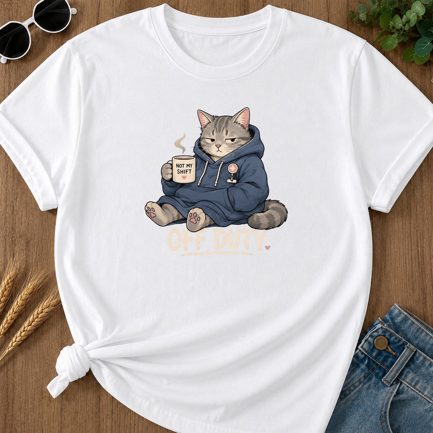 Off Duty Cat T-Shirt - White Mockup