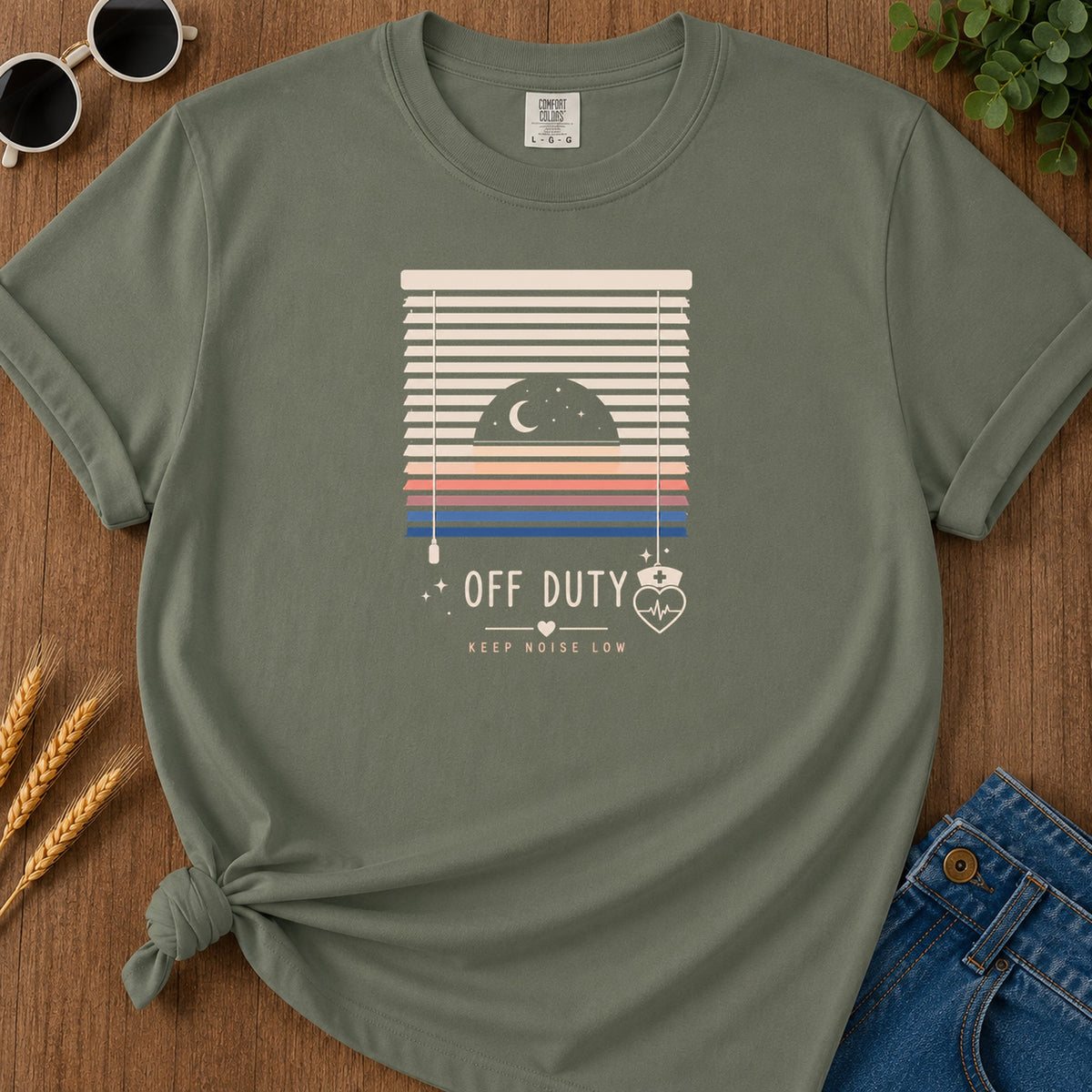 Off Duty Keep Noise Low T-Shirt - Moss Mockup
