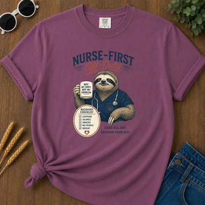 Nurse First Off Duty T-Shirt - Berry Mockup