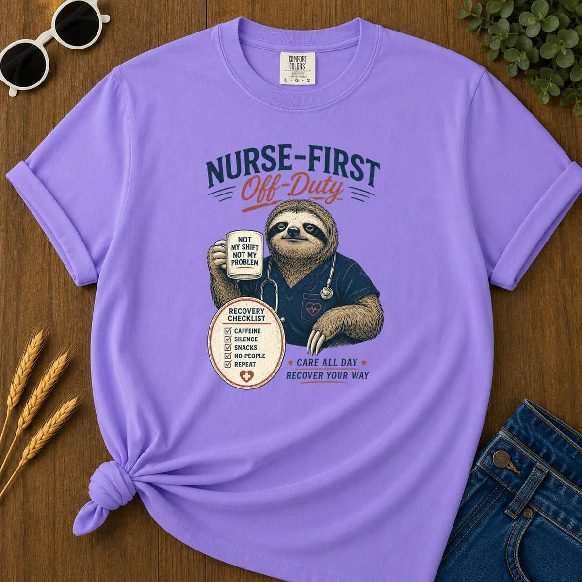 Nurse First Off Duty T-Shirt - Violet Mockup