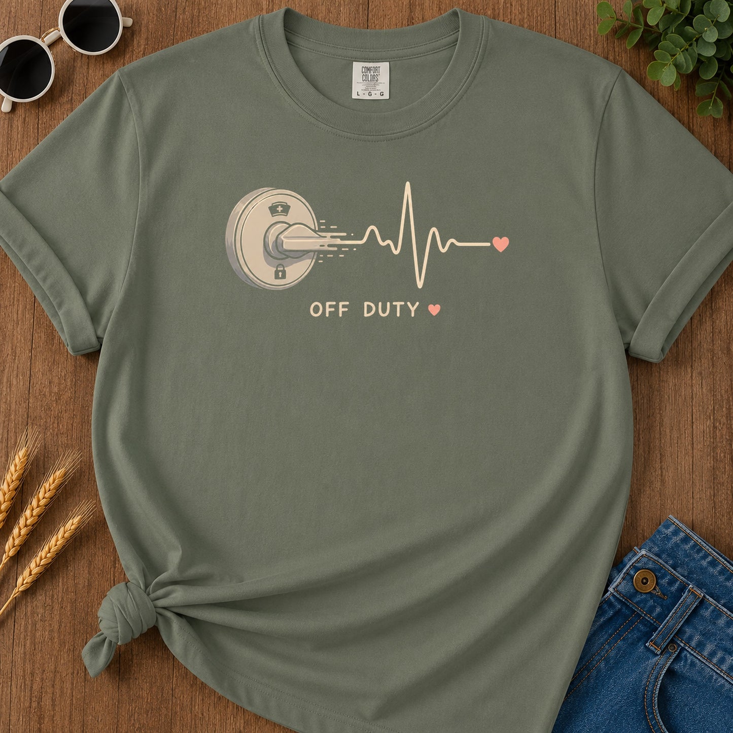 Off Duty Door Knob T-Shirt - Moss Mockup