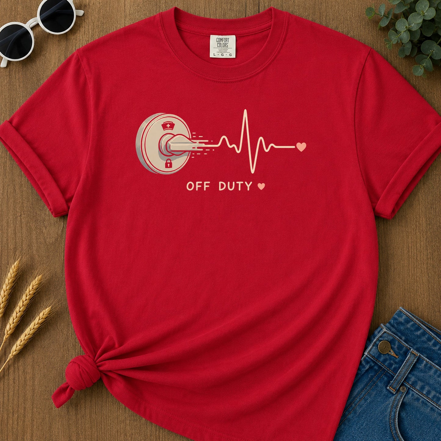 Off Duty Door Knob T-Shirt - Red Mockup