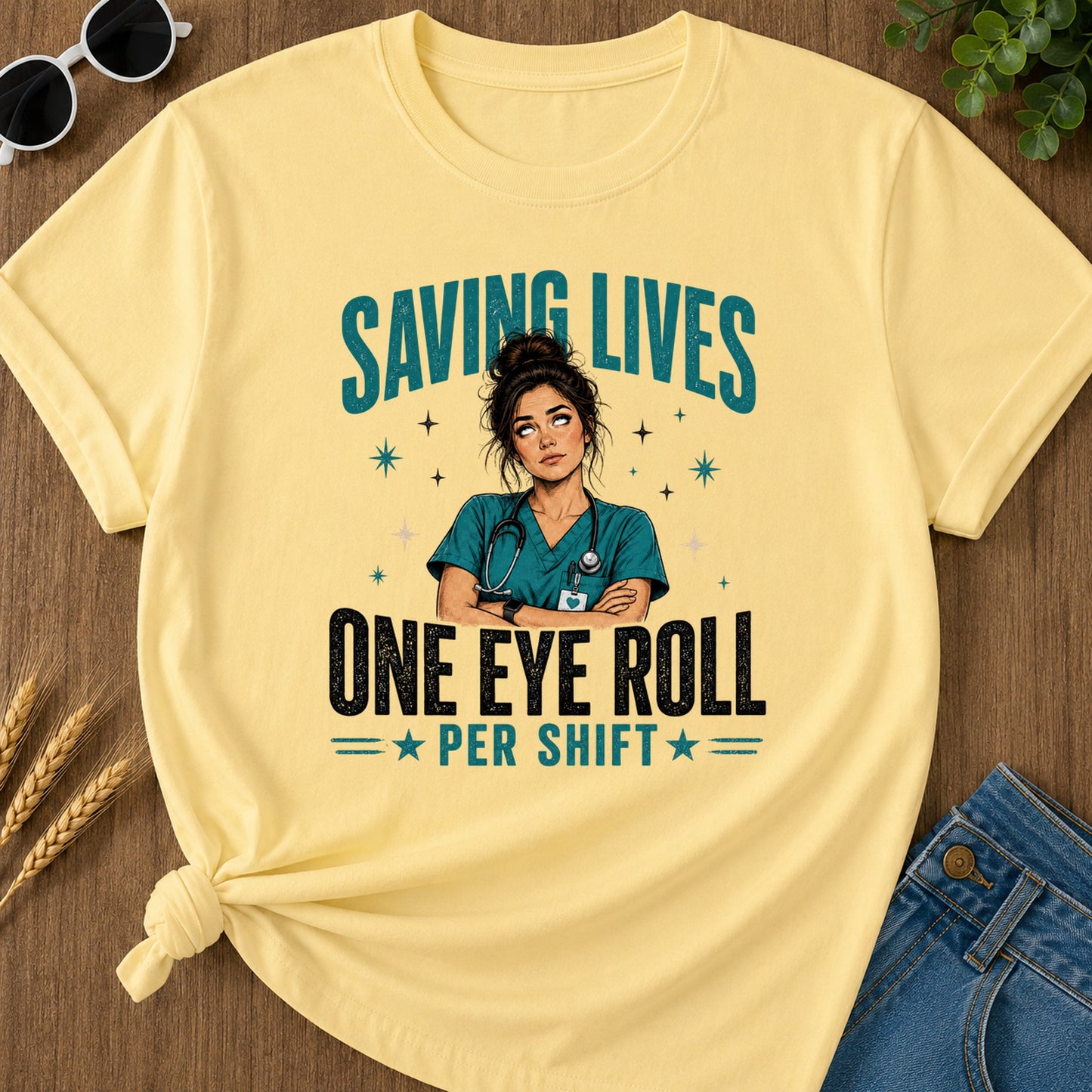 Saving Lives Eye Roll T-Shirt - Butter Mockup