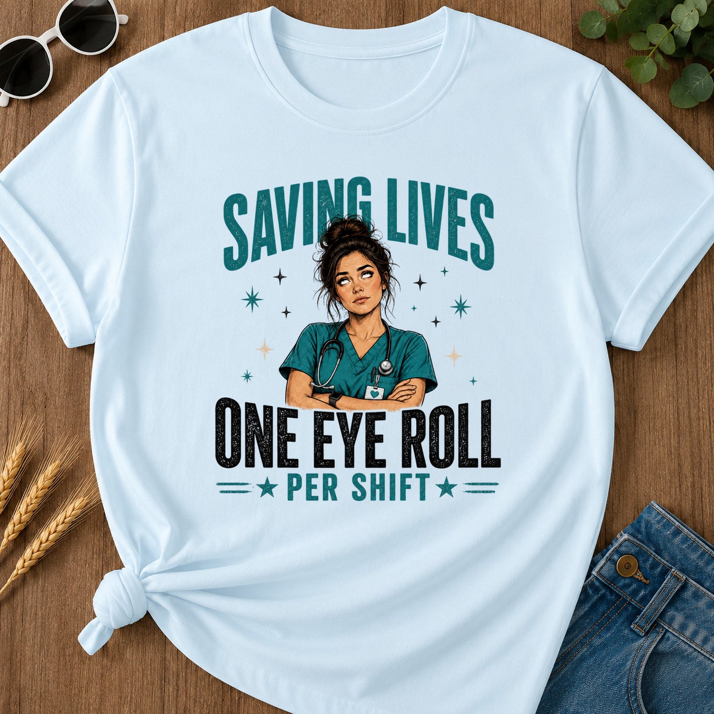 Saving Lives Eye Roll T-Shirt - Chambray Mockup