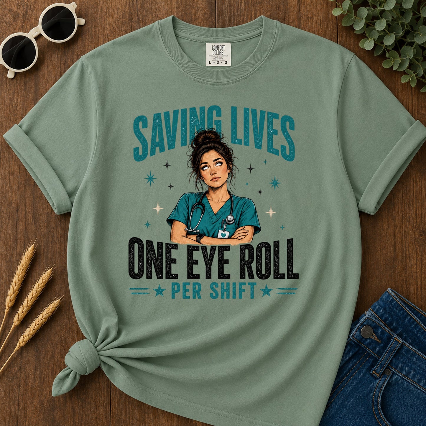 Saving Lives Eye Roll T-Shirt - Light Green Mockup