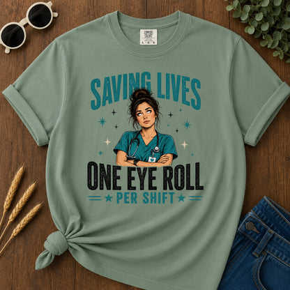 Saving Lives Eye Roll T-Shirt - Light Green Mockup
