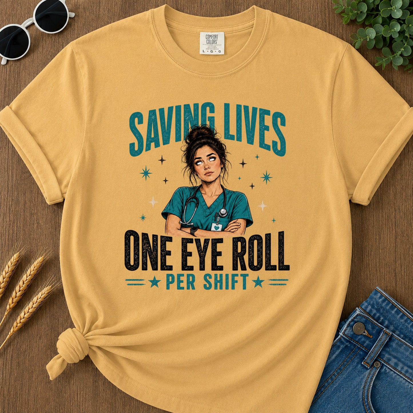 Saving Lives Eye Roll T-Shirt - Mustard Mockup