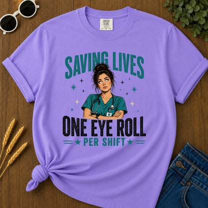 Saving Lives Eye Roll T-Shirt - Violet Mockup