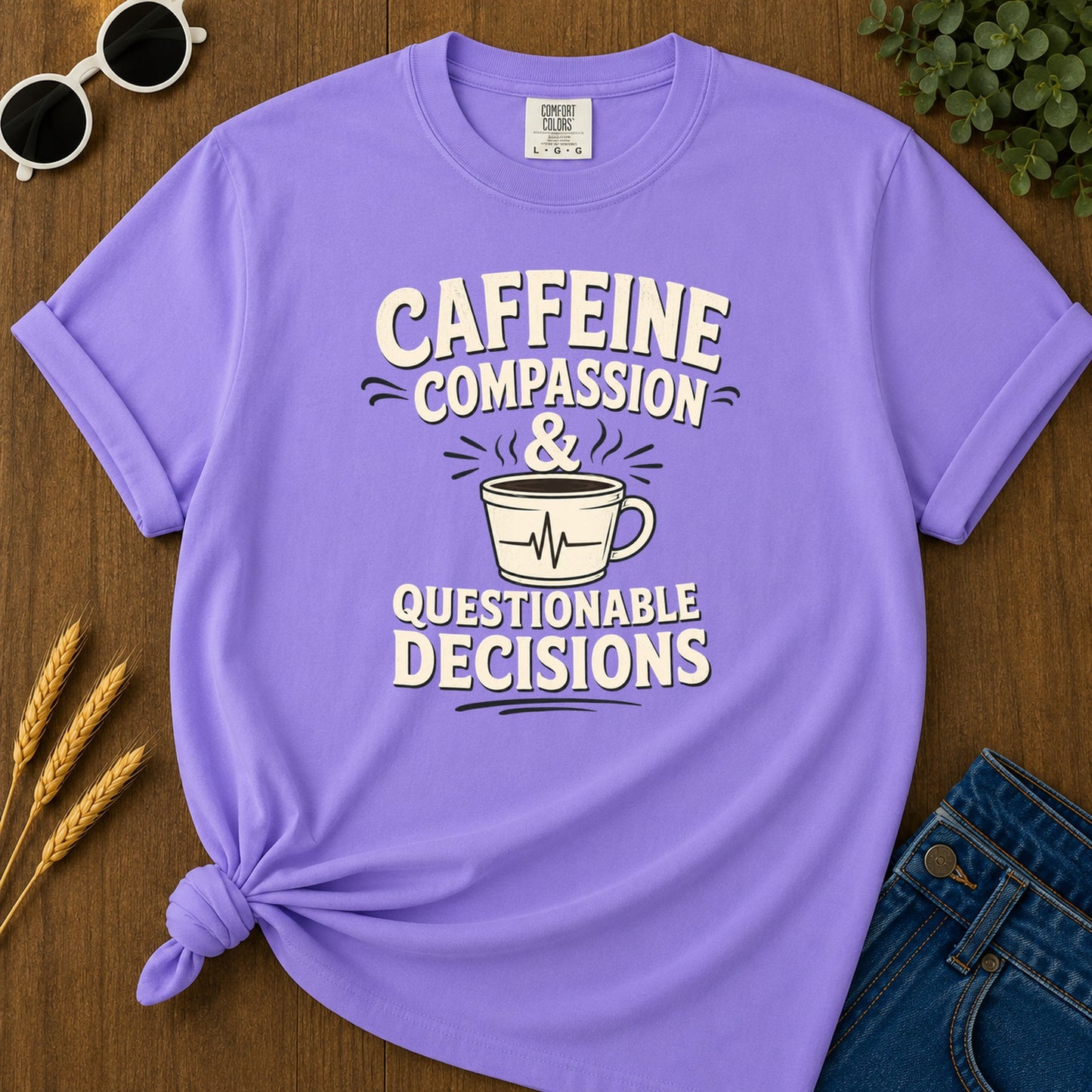 Caffeine Compassion Decisions T-Shirt - Violet Mockup