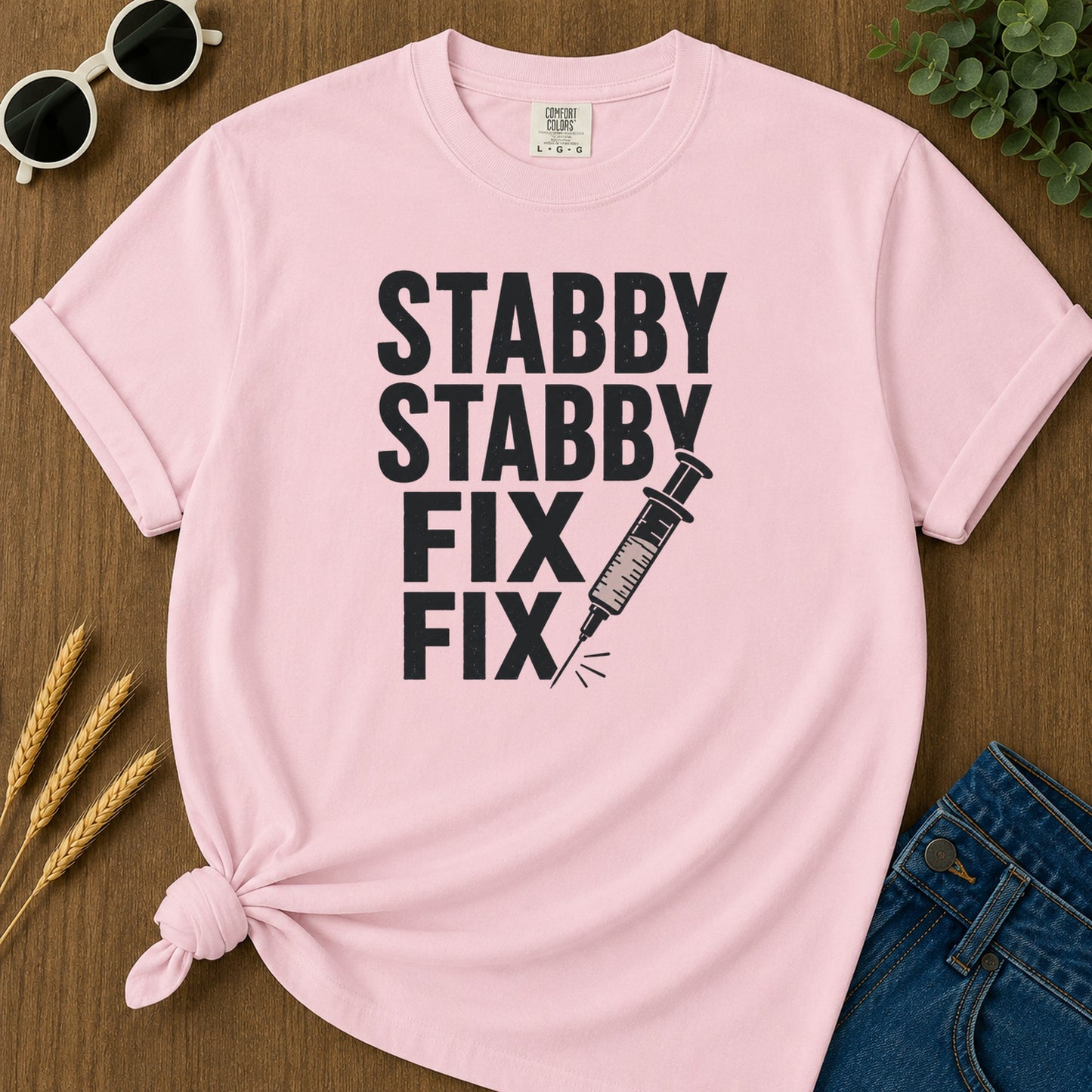 Stabby Stabby Fix Fix T-Shirt - Blossom Mockup