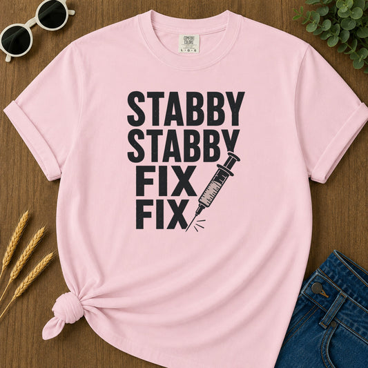 Stabby Stabby Fix Fix T-Shirt - Blossom Mockup
