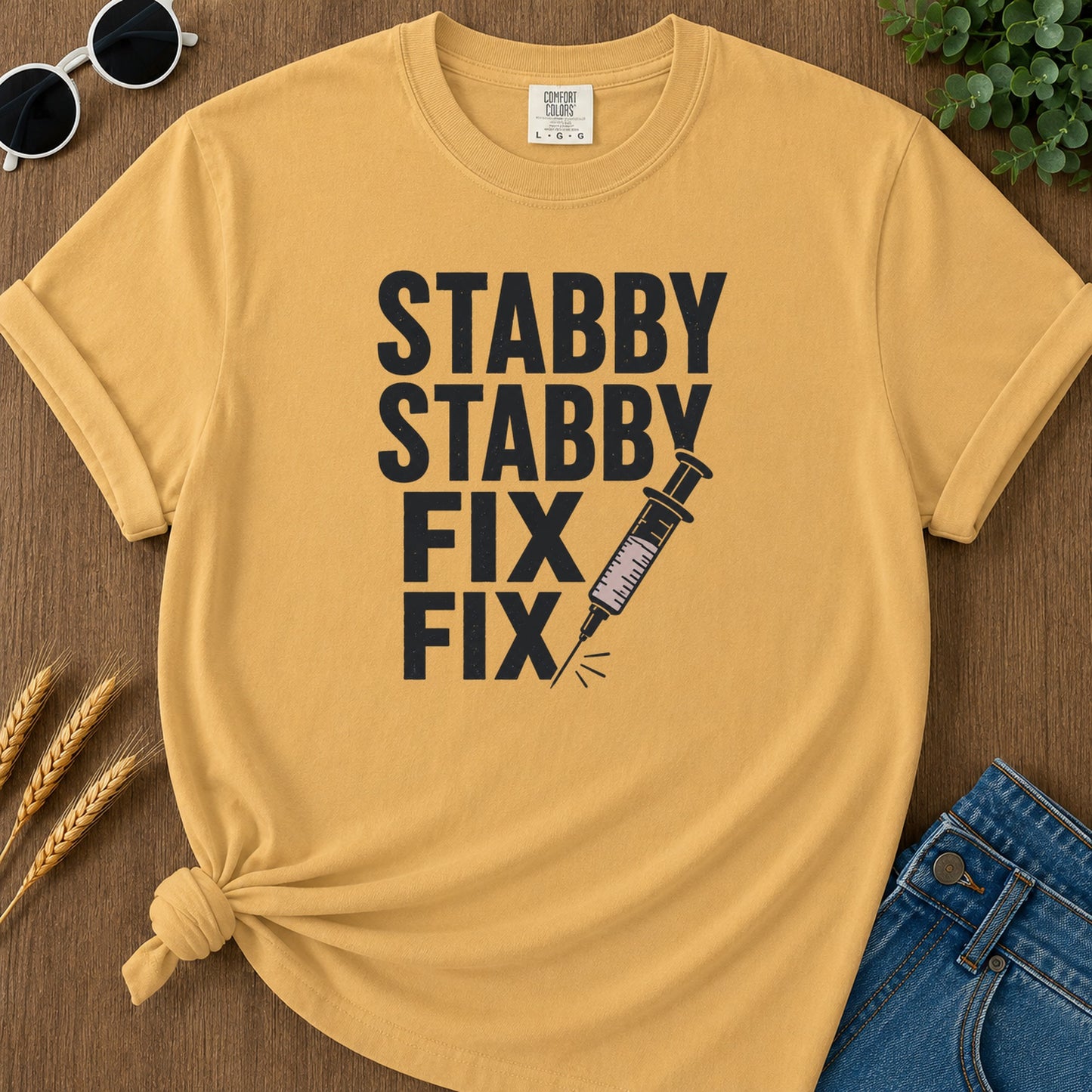Stabby Stabby Fix Fix T-Shirt - Mustard Mockup