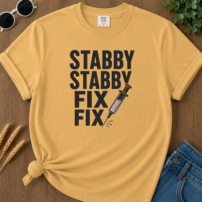 Stabby Stabby Fix Fix T-Shirt - Mustard Mockup