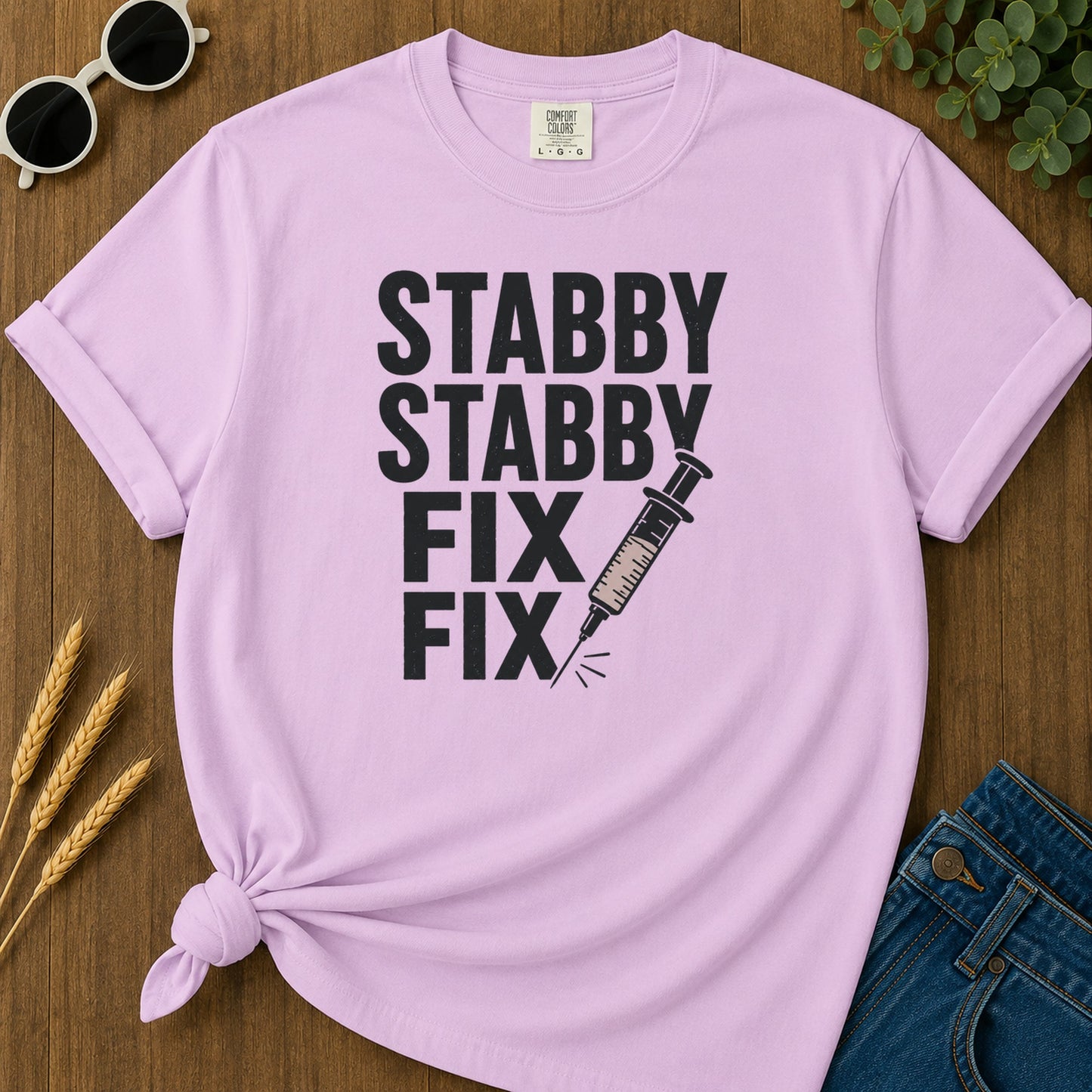 Stabby Stabby Fix Fix T-Shirt - Orchid Mockup