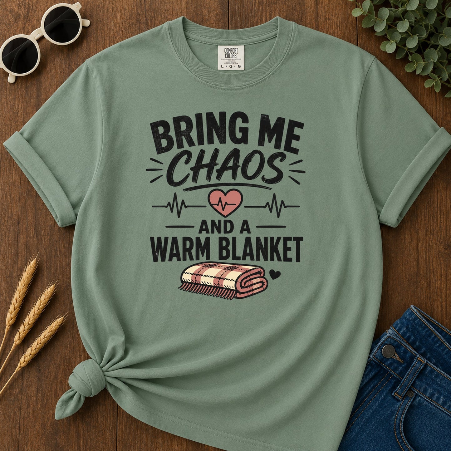 Bring Chaos Warm Blanket T-Shirt - Light Green Mockup