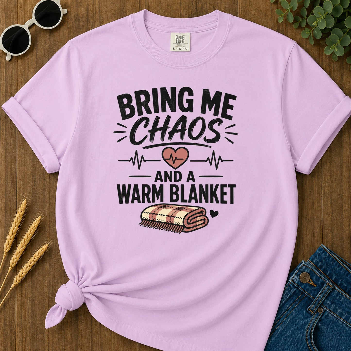 Bring Chaos Warm Blanket T-Shirt - Orchid Mockup