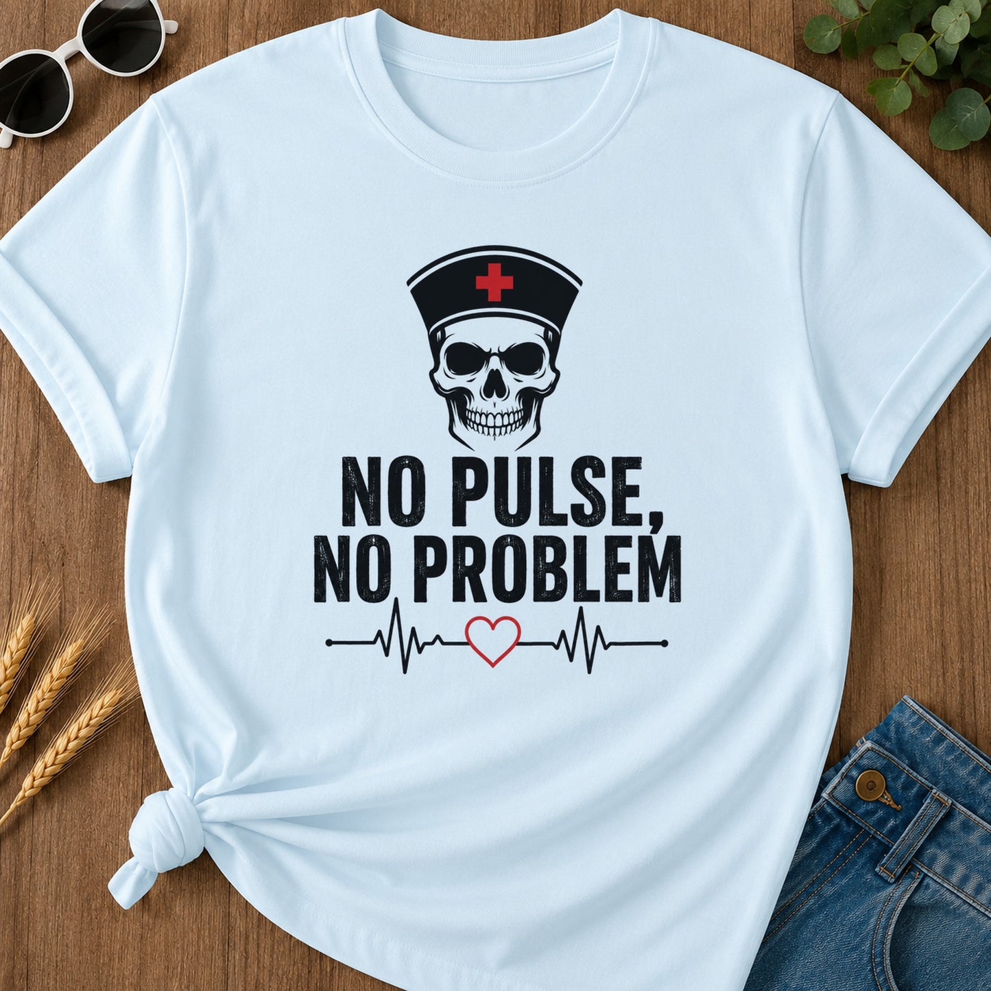 No Pulse No Problem T-Shirt - Chambray Mockup