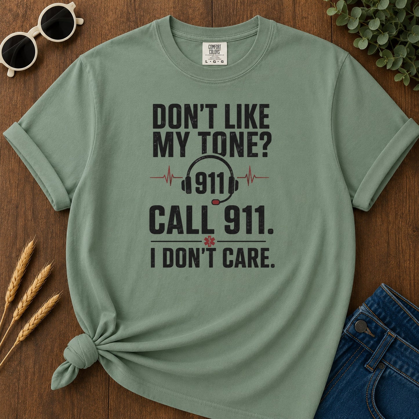 911 Care T-Shirt - Light Green Mockup