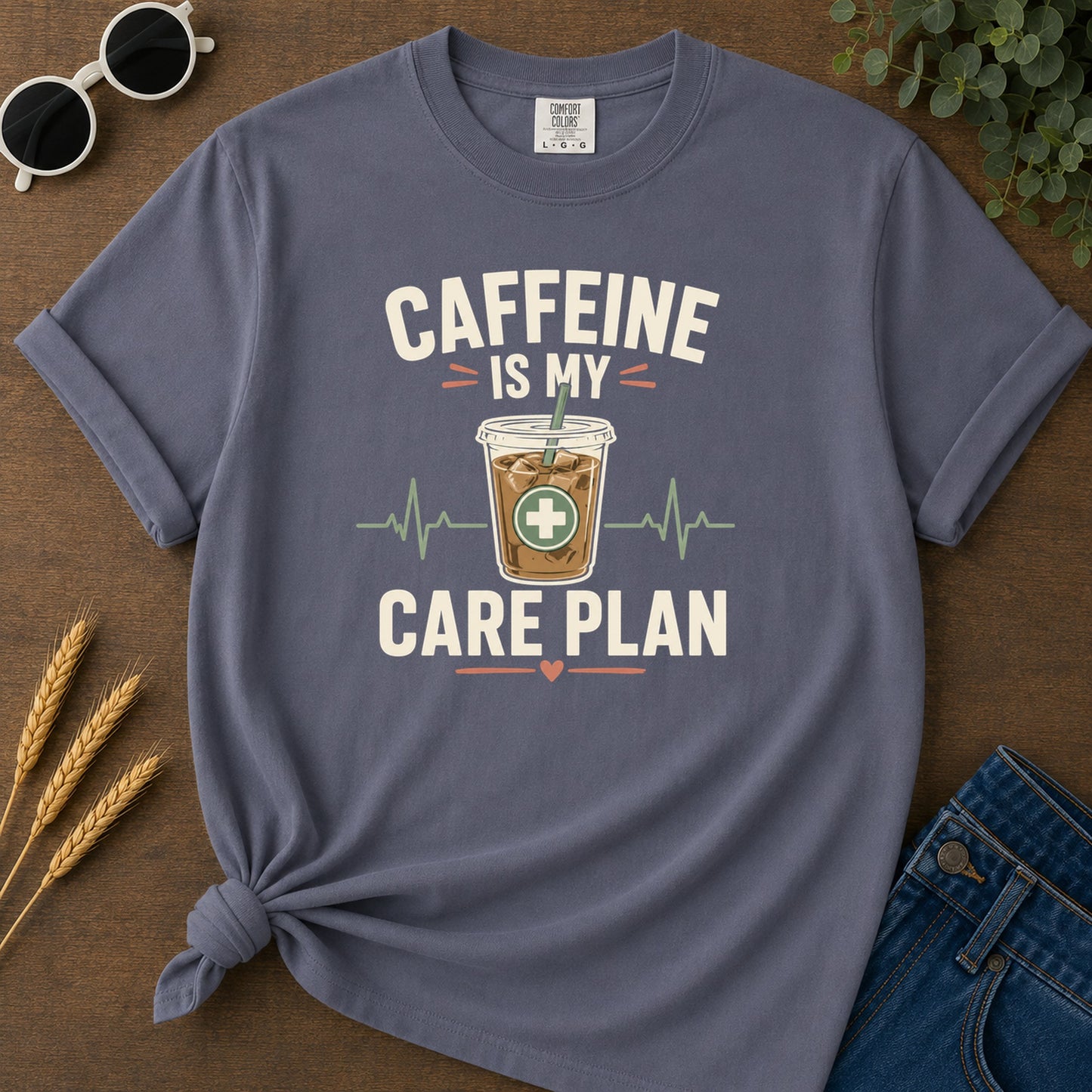 Caffeine Care Plan T-Shirt - Navy Mockup