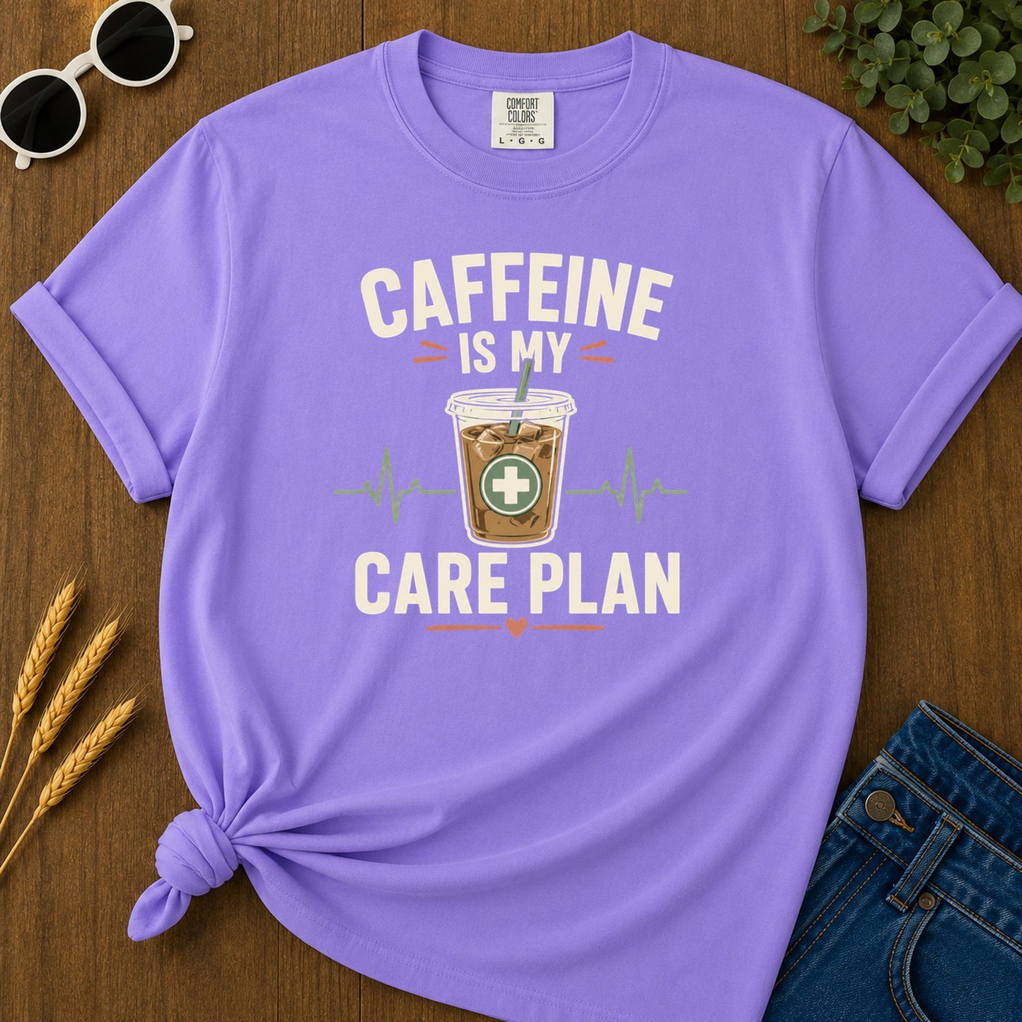Caffeine Care Plan T-Shirt - Violet Mockup