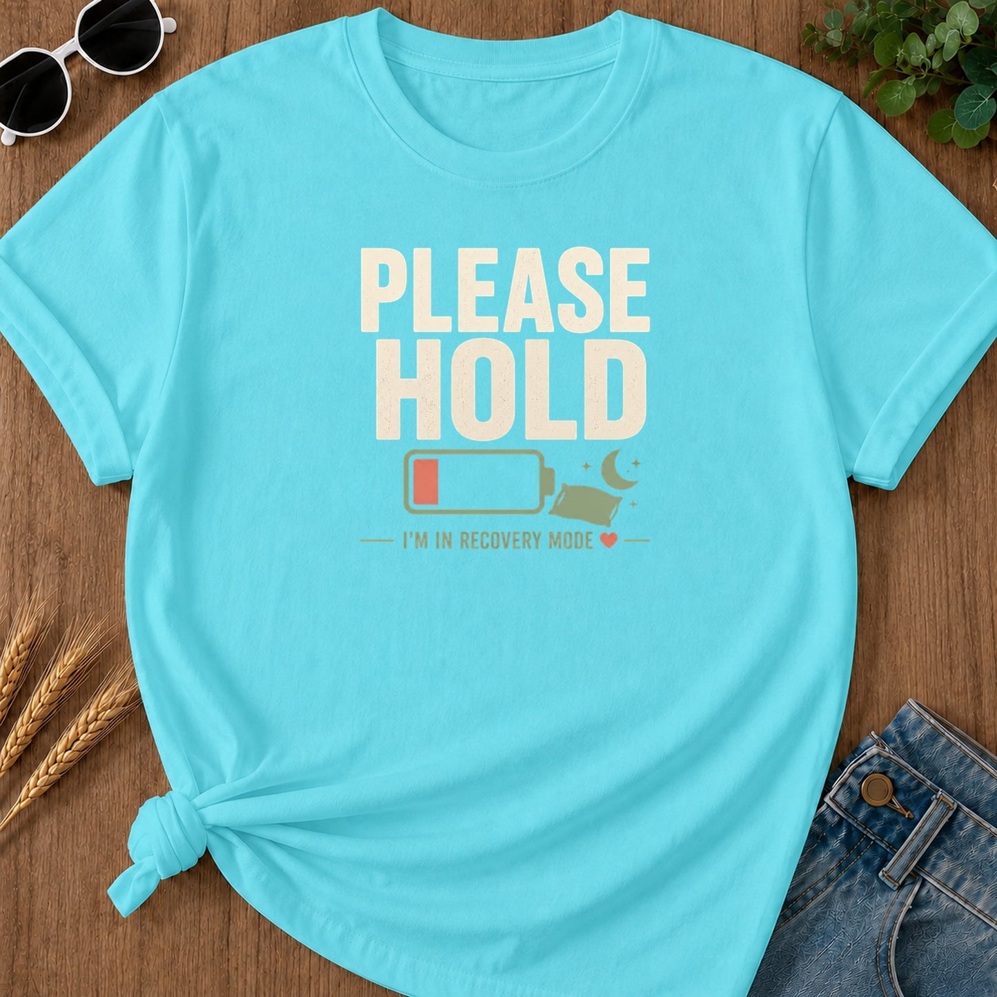 Please Hold Recovery T-Shirt - Lagoon Blue Mockup