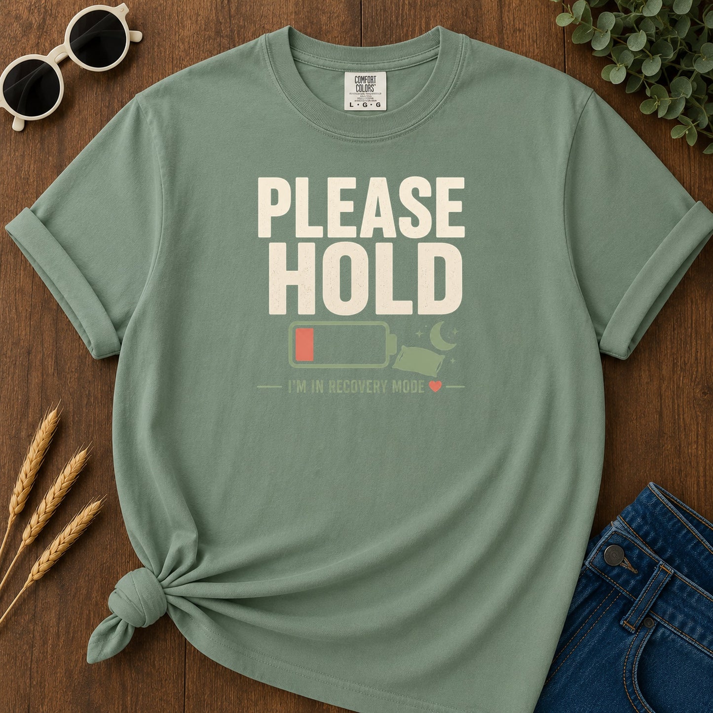 Please Hold Recovery T-Shirt - Light Green Mockup