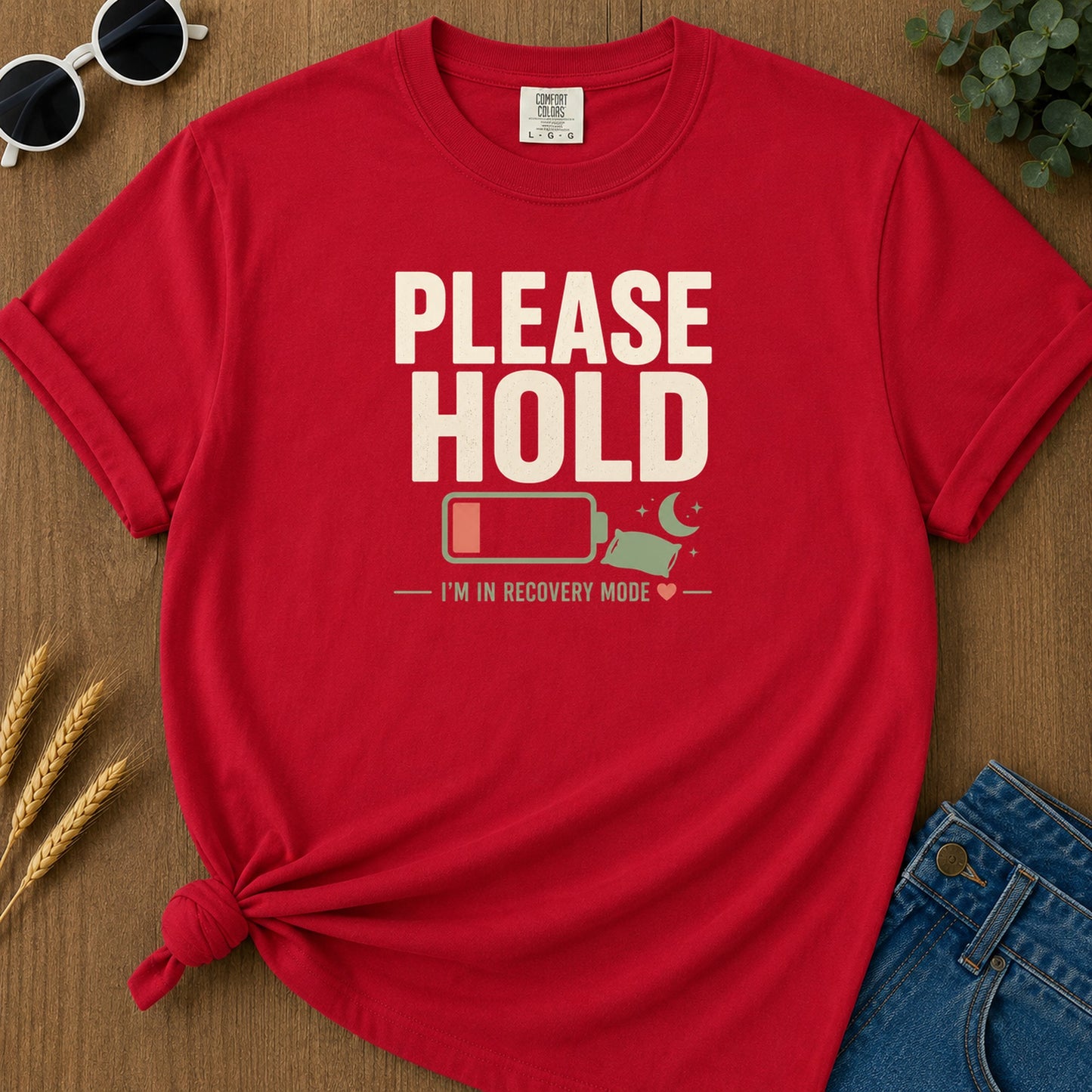 Please Hold Recovery T-Shirt - Red Mockup