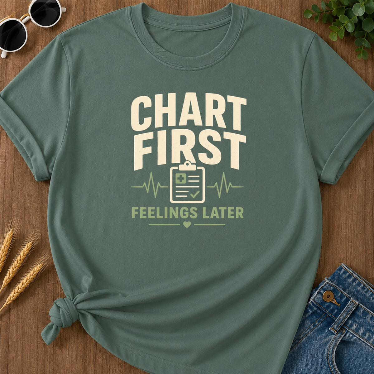 Chart First Feelings Later T-Shirt - Blue Spruce Mockup