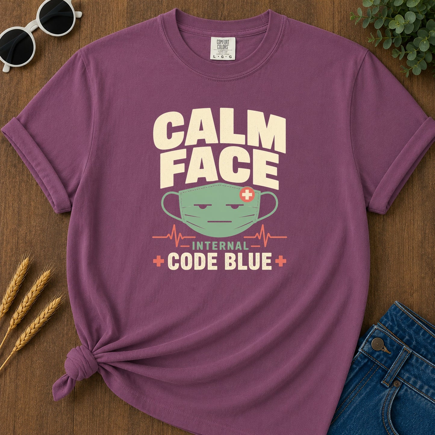 Calm Facade Code Blue T-Shirt - Berry Mockup