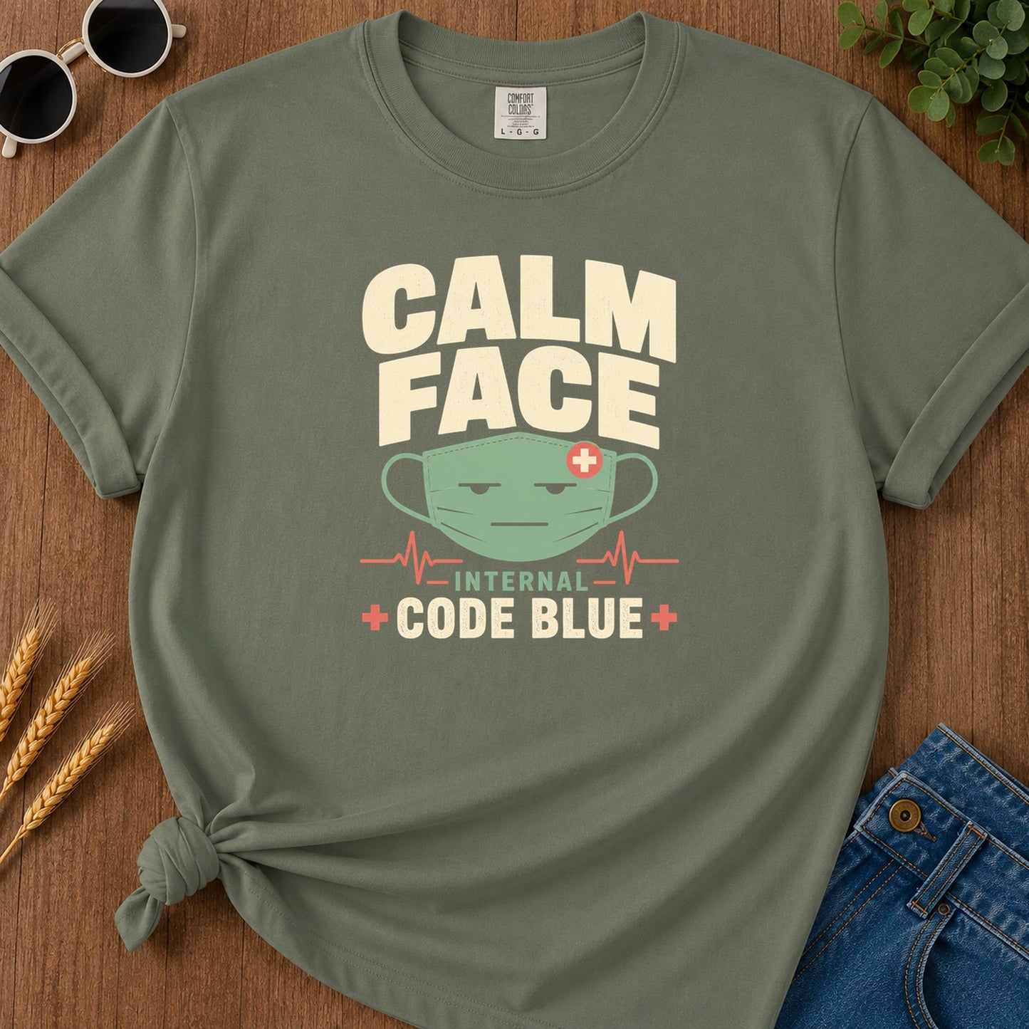 Calm Facade Code Blue T-Shirt - Moss Mockup