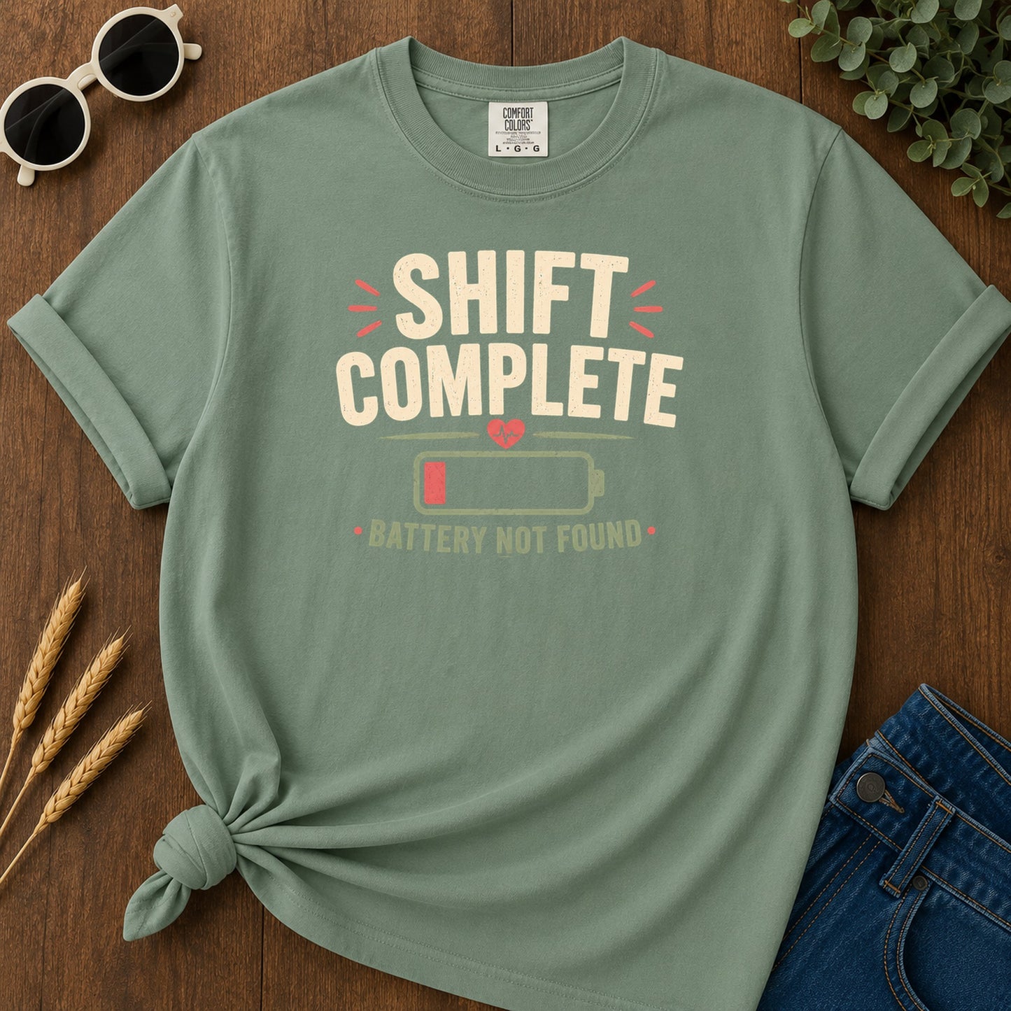 Shift Complete Battery Not Found T-Shirt - Light Green Mockup