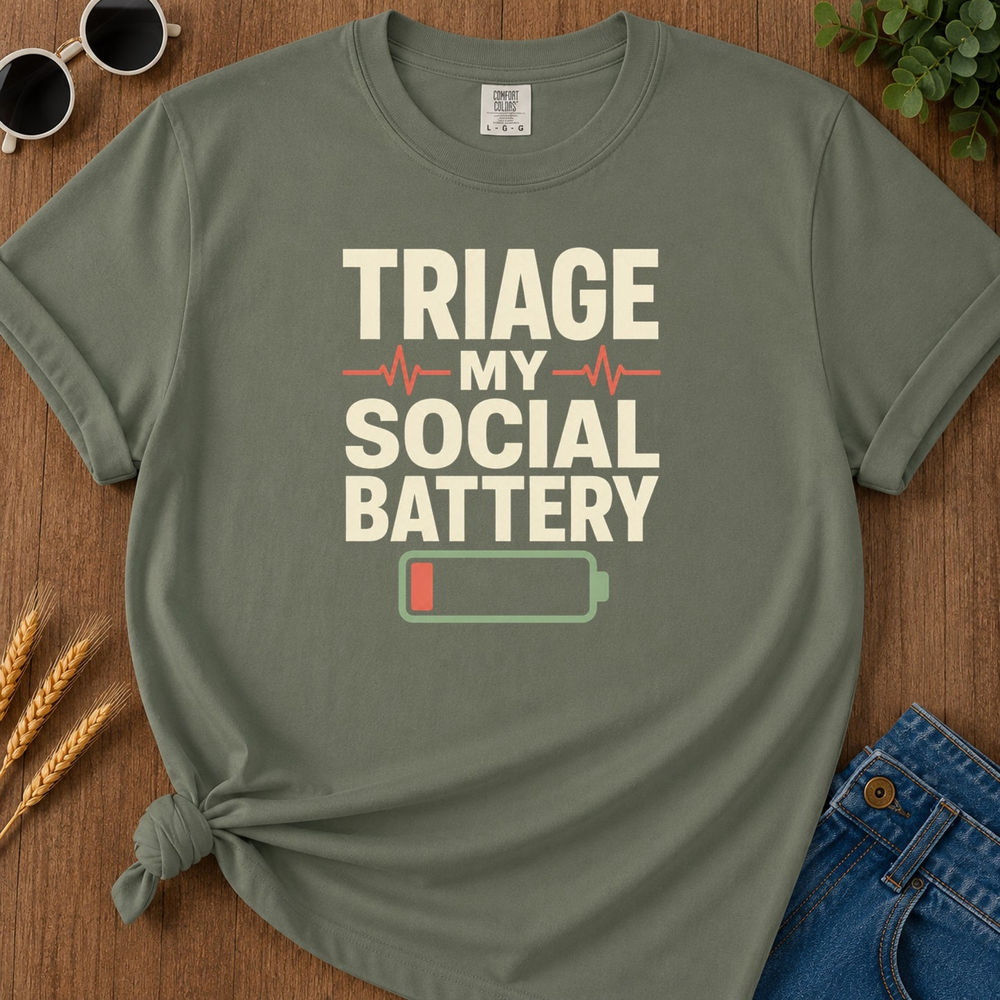 Track Social Battery T-Shirt - Moss Mockup