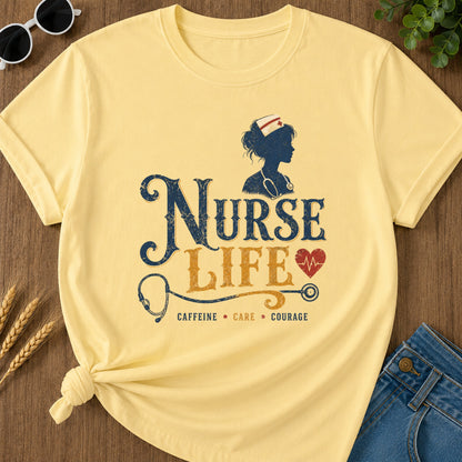 Caffeine Care Courage T-Shirt - Butter Mockup