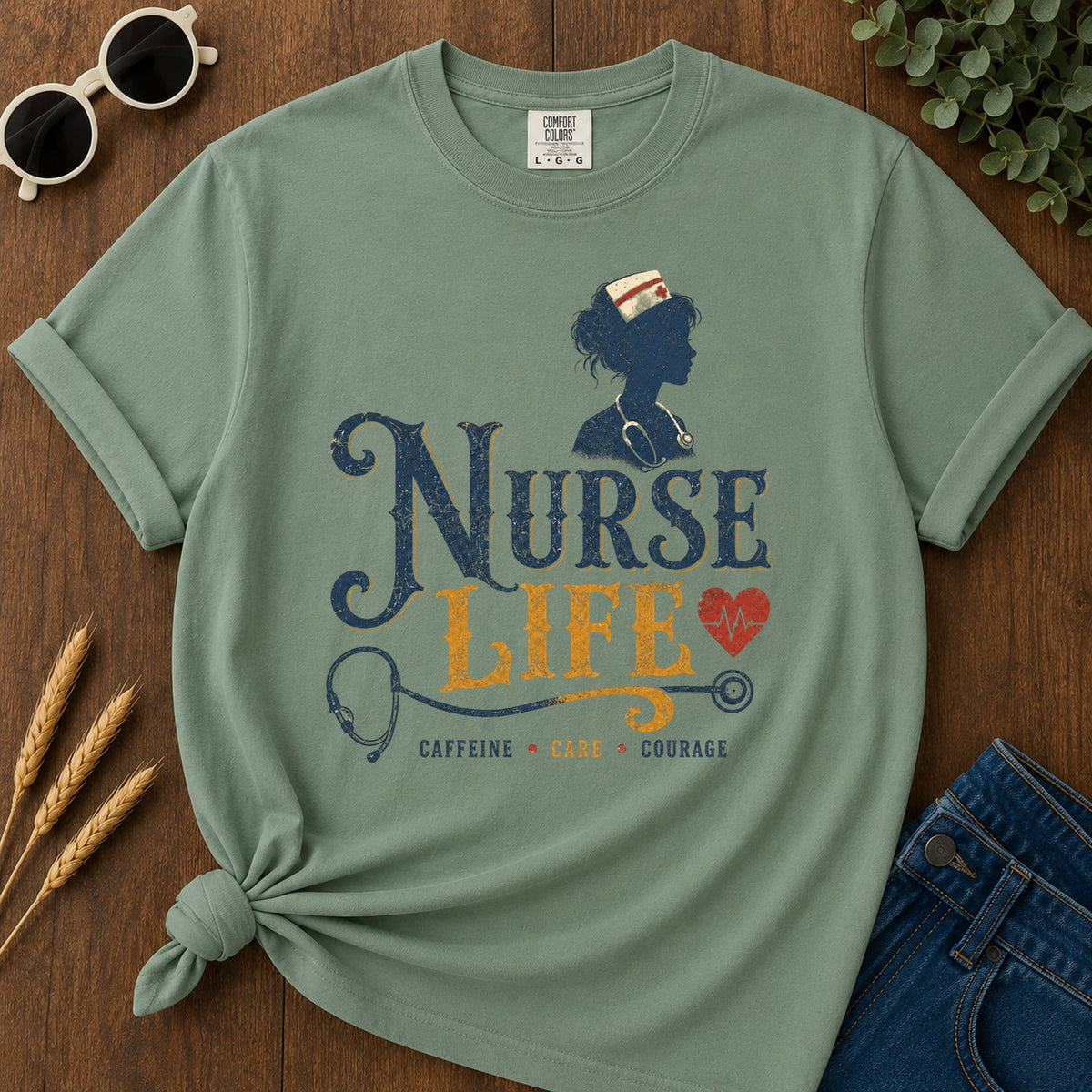 Caffeine Care Courage T-Shirt - Light Green Mockup