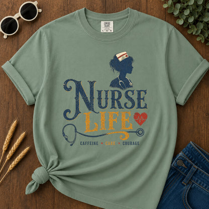 Caffeine Care Courage T-Shirt - Light Green Mockup