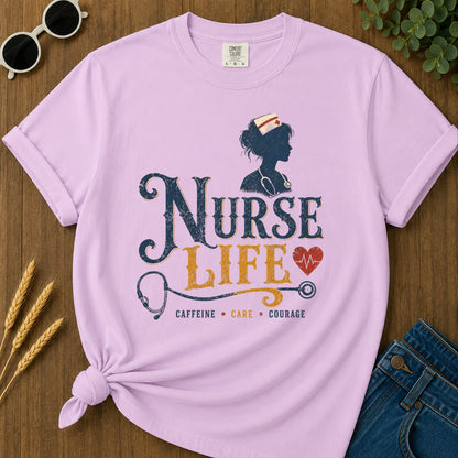 Caffeine Care Courage T-Shirt - Orchid Mockup