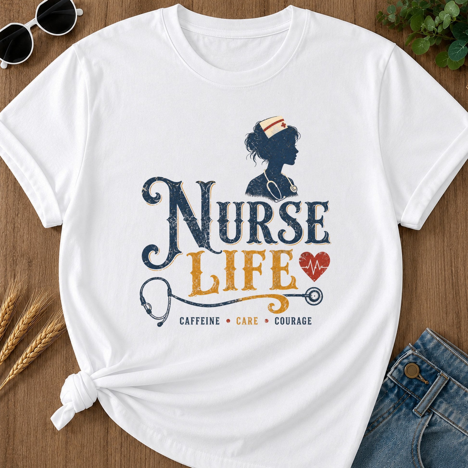 Caffeine Care Courage T-Shirt - White Mockup