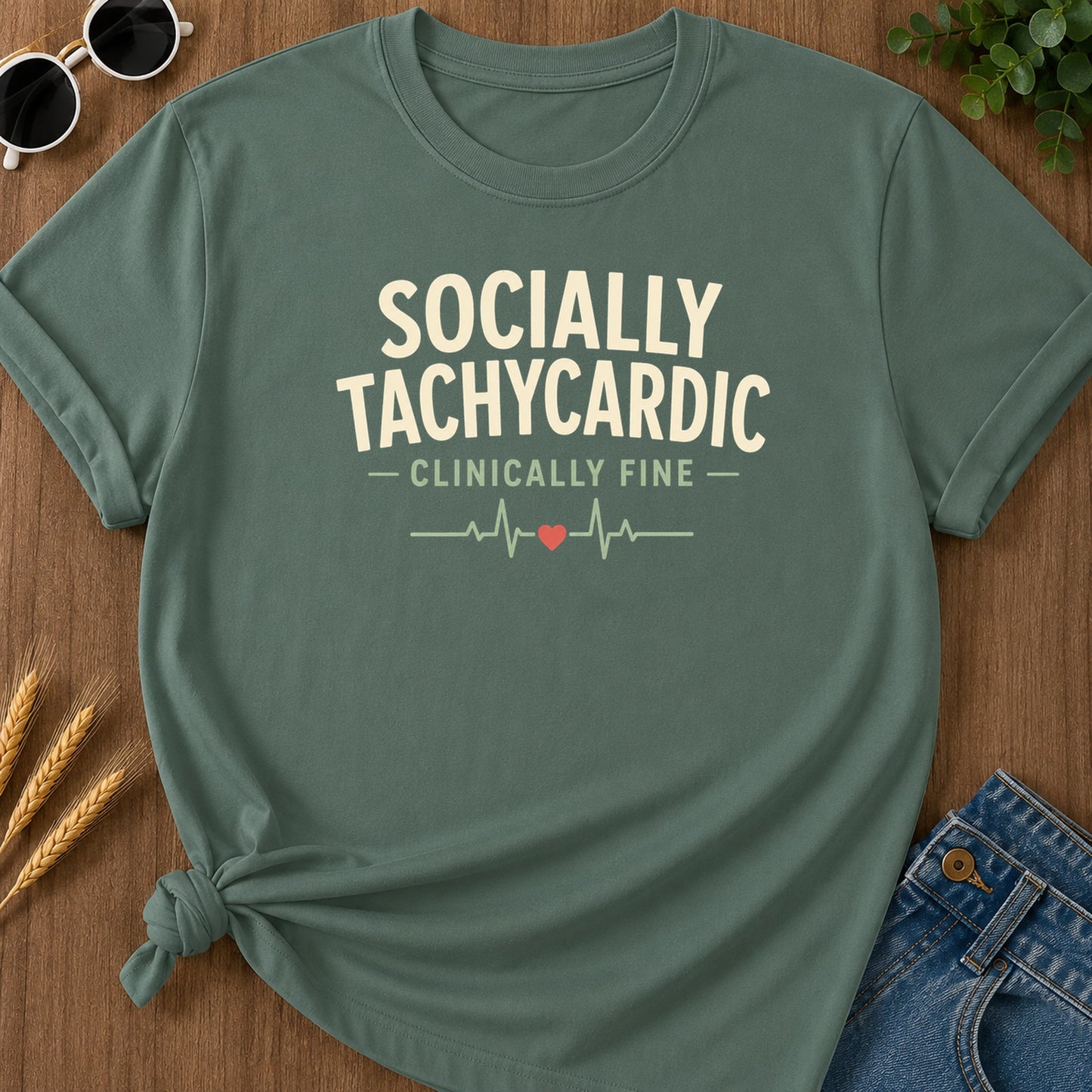 Socially Tachycardic T-Shirt - Blue Spruce Mockup