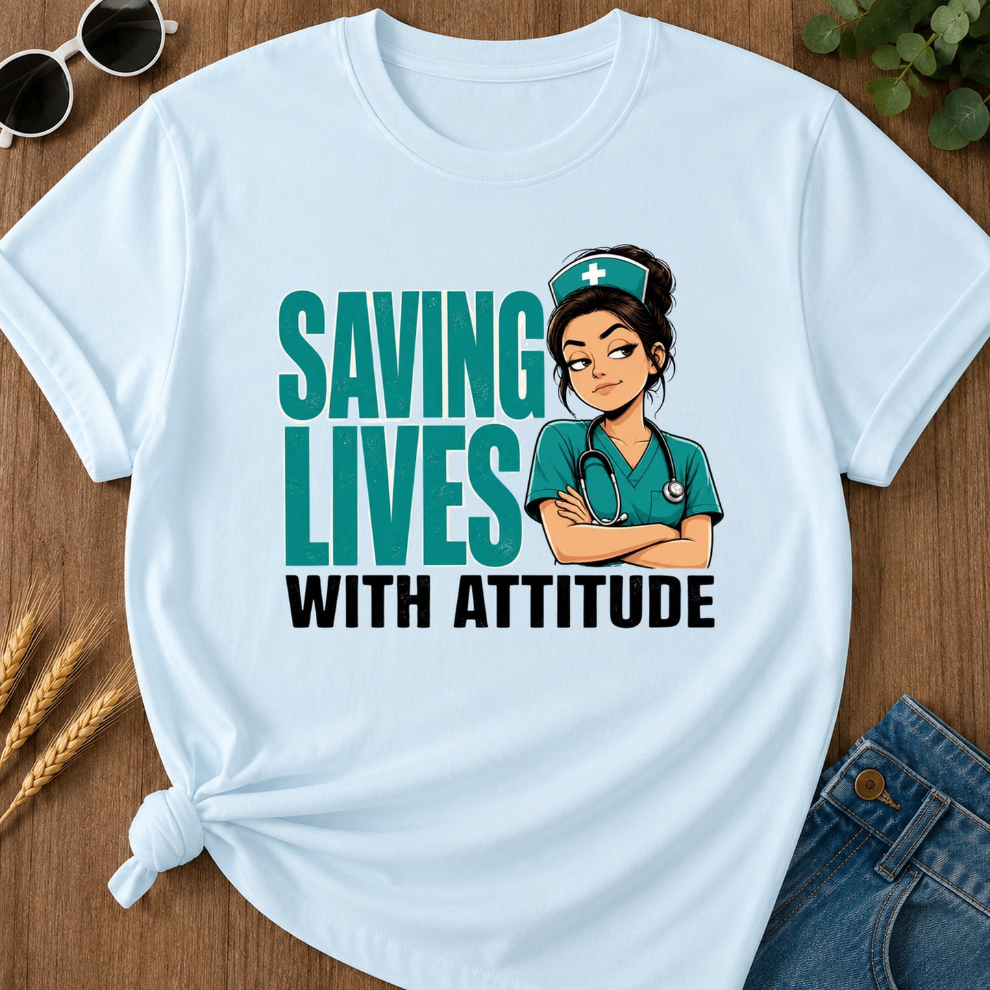Saving Lives Attitude T-Shirt - Chambray Mockup